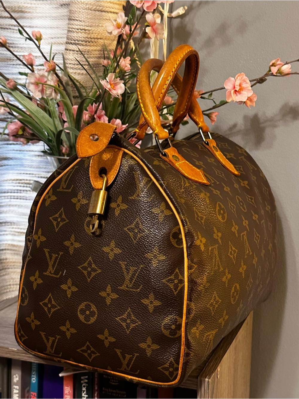 Louis Vuitton Brown Monogram Canvas Speedy 30’ Satchel with Tan Trim
